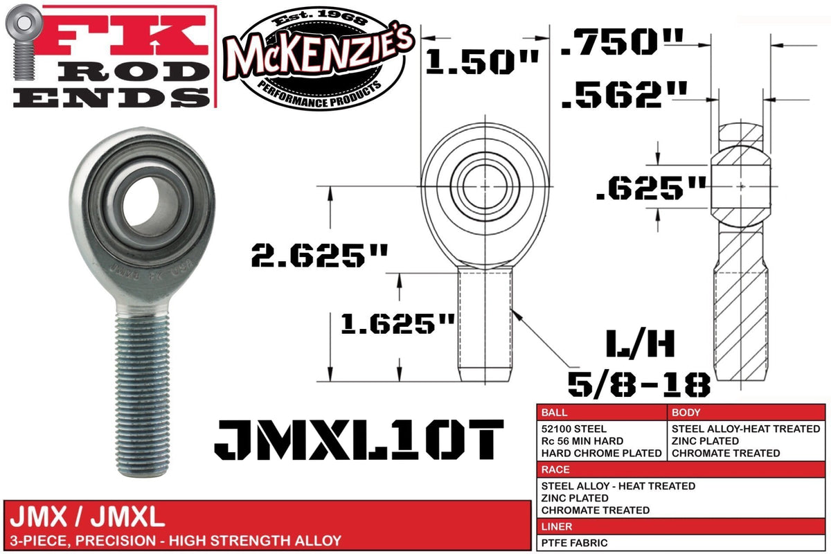 FK Bearing JMXL10T | Male L/H Heim 5/8-18 Thread x .625