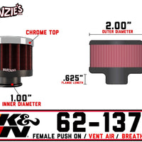 K&N 62-1370, 1 Female Breather Filter, Chrome Top